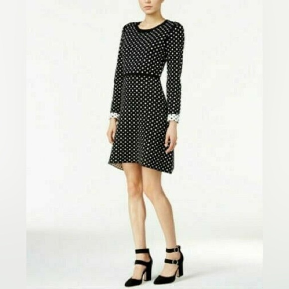 Women’s Sweater Dress L Maison Jules Jacquard Fit & Flare Square Polka dot cute - Picture 1 of 11